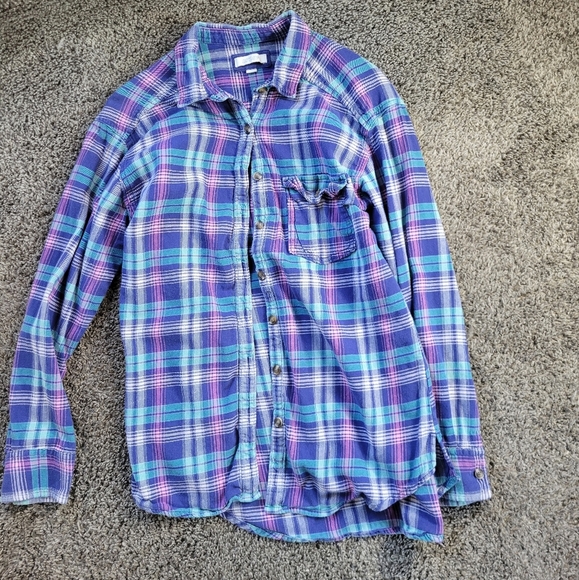 Aerie Blue Pink and Purple Plaid Flannel Button Down Shirt Woman's Medium - Picture 1 of 7